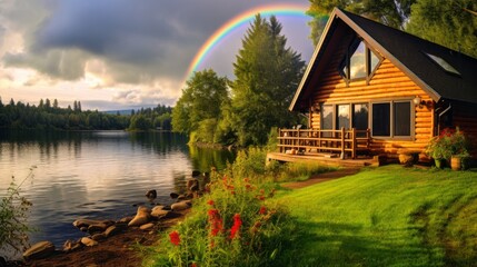 Fototapeta premium Rainbow framing a lakeside cabin