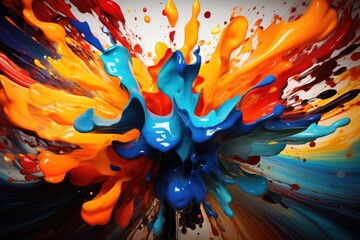 A vibrant painting showcasing colorful paint on a white wall, serving as a captivating decoration, Illustrate a dynamic explosion of orange and blue colors in abstract art, AI Generated