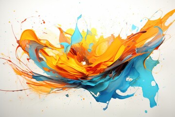 A vibrant abstract painting featuring a bold composition of orange, blue, and yellow paint, Illustrate a dynamic explosion of orange and blue colors in abstract art, AI Generated