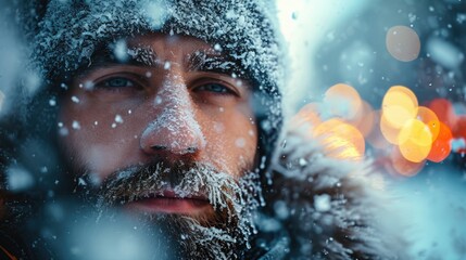 Close-Up, Man's Face Buffeted by Blowing Snow, Icicles Forming on Beard, Extreme cold in the city - obrazy, fototapety, plakaty