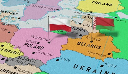 Poland and Belarus - pin flags on political map - 3D illustration