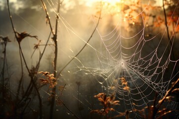 Witness the majestic beauty of a spider web, intricately spun and proudly displayed in the middle of a serene field, Impressionist dawn with dew-soaked cobwebs, AI Generated - Powered by Adobe