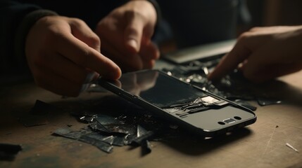 Hands of a technician repairing a damaged smartphone AI generated image - obrazy, fototapety, plakaty