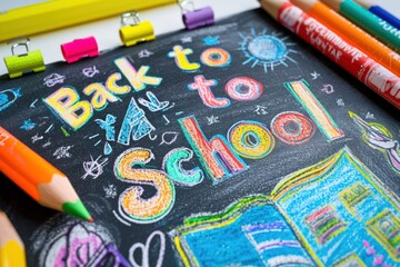 a pencil and crayons draw the word back to school