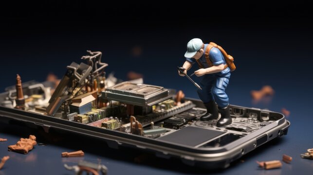 Miniature human technician Repairing a broken smartphone AI generated image