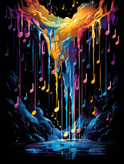 T-shirt design, an abstract representation of music as a vibrantly colorful, cascading waterfall created with Generative Ai