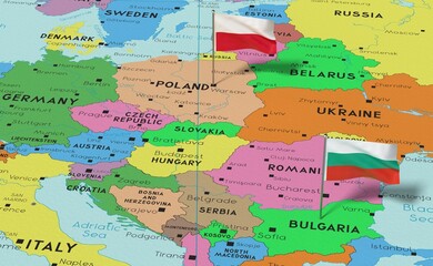 Poland and Bulgaria - pin flags on political map - 3D illustration