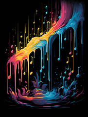 T-shirt design, an abstract representation of music as a vibrantly colorful, cascading waterfall created with Generative Ai
