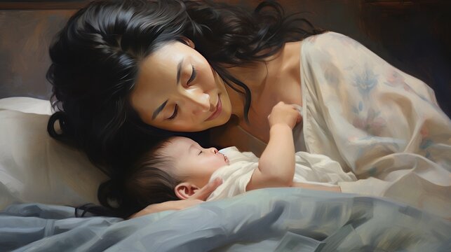Asian mother sleeping with her loving child AI generated image