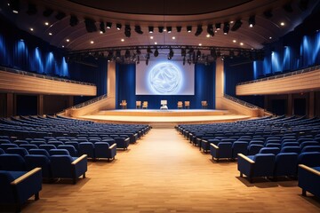 An expansive auditorium featuring comfortable blue seats and a prominent projector screen, International business conference in a large auditorium, AI Generated - Powered by Adobe