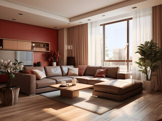 Fototapeta premium Modern living room is furnished and well decorated