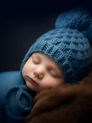 A little boy in a blue suit is sleeping with his hands behind his face.