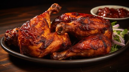 BBQ chicken quarters, crispy skin feast