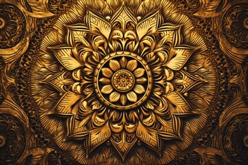 A stunning golden flower stands out against a captivating black backdrop, creating a vibrant and striking visual composition, Intricate mandala pattern in rustic gold, AI Generated
