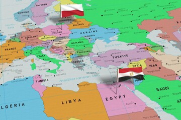 Poland and Egypt - pin flags on political map - 3D illustration