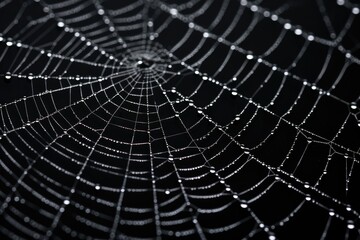 Fototapeta premium A detailed spider web shimmering with droplets of water, Intricate pattern of a spider web symbolizing web technologies, AI Generated