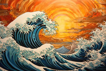 An awe-inspiring painting capturing the power and beauty of a colossal wave surging in the open sea, Japanese wave print-inspired abstract art, AI Generated