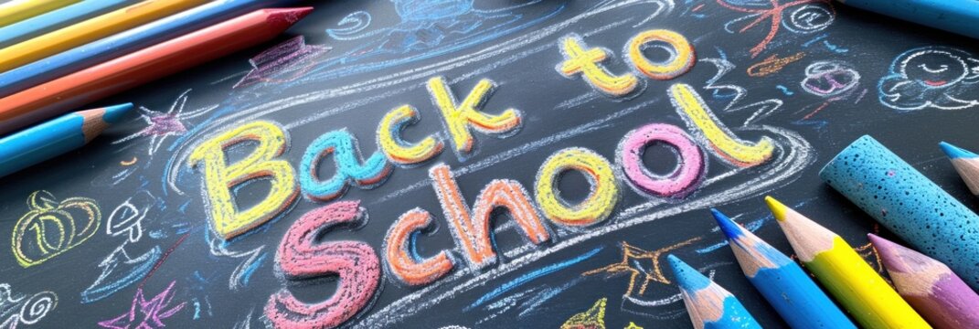 a pencil and crayons draw the word back to school