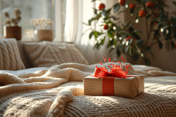 Romantic gift box lying on cozy bed in stylish bedroom. Valentine’s day concept.