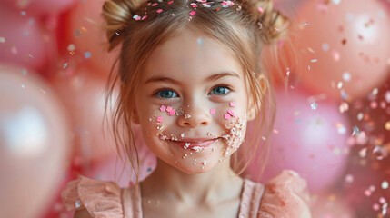 Naughty little girl having a great time during her birthday party with leftover cake and confetti on her face 