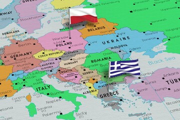 Poland and Greece - pin flags on political map - 3D illustration