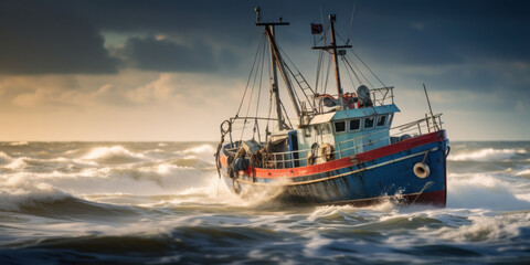 Fishing boat in ocean, sunset casting a blue hue over the scene.