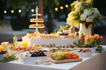 Elegant catering buffet adorned with delicious dishes, fresh fruit, and festive decoration for a grand celebration.