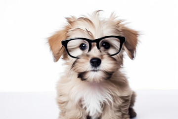 Charming brown puppy wearing eyeglasses, a cute studio portrait with a white background, exuding adorable humor.