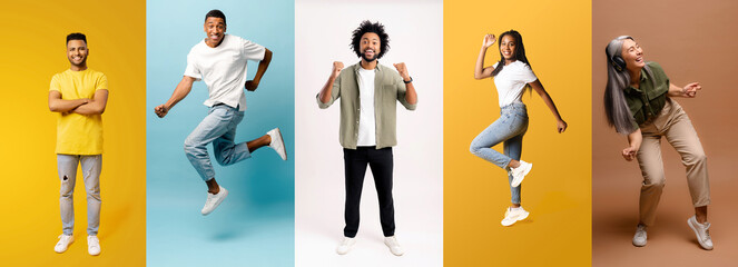 This collage displays individuals in dynamic poses, from leaping with joy to casual stances, all...