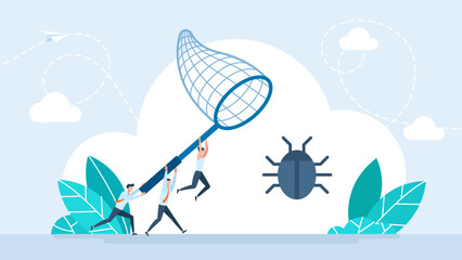 Bug, beetle. Find errors, software testing concept. Code and bug review, debugging, website testing, vulnerability identification and fixing. 
Cartoon minimal style. Vector illustration. 