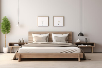 Fototapeta na wymiar Modern bedroom interior design. Minimal light bedroom interior with wooden bed and furniture, modern posters and potted plant