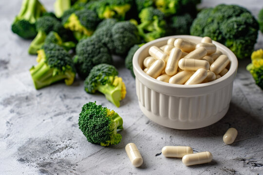 A bowl of natural supplement capsules with fresh broccoli florets. Indole 3 carbinol is a plant compound from cruciferous vegetables seeds extract.