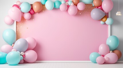 Pink and blue backdrop with balloons and streamers