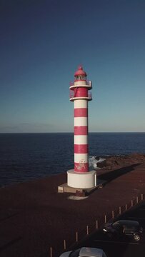Canary Islands from the drone. Sardina de G&aacute;ldar lighthouse in Gran Canaria, recorded in vertical 4k