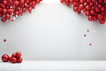 White room with red balloons hanging from the ceiling