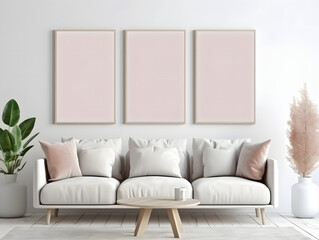 Three blank frames mockup hang in a living room