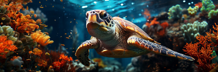 A turtle swims in the water. - obrazy, fototapety, plakaty