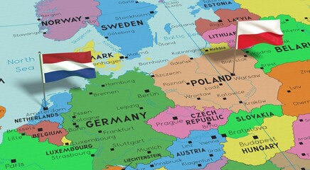 Poland and Netherlands - pin flags on political map - 3D illustration