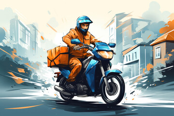 Fototapeta na wymiar Delivery man on motorcycle in drawing style