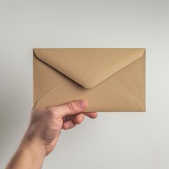 Image of a person holding a kraft envelope in natural light. Man's hand holding envelope in front view. Envelope in soft tones.