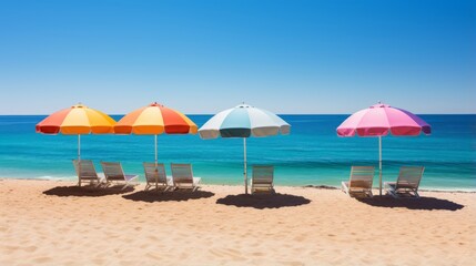Fototapeta na wymiar Row of beach umbrellas sitting on top of a sandy beach