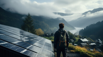 Meditative tourist standing near solar panel installation, looking at the green foggy landscape with lake and mountains. Clean energy, modern technology in a remote area. - obrazy, fototapety, plakaty