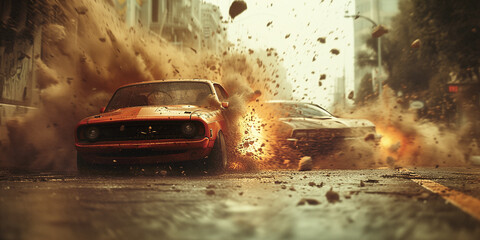 exciting cinematic scene with cars crashing on the streets and glass and dirt flying everywhere