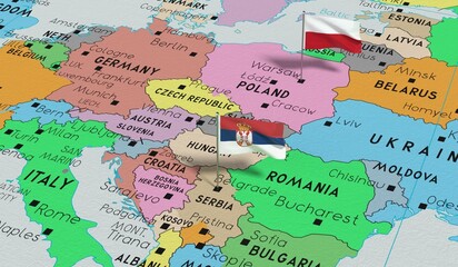 Poland and Serbia - pin flags on political map - 3D illustration