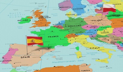 Poland and Spain - pin flags on political map - 3D illustration