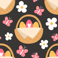 Seamless pattern of butterflies and painted eggs in a wicker basket for Easter in a cartoon style