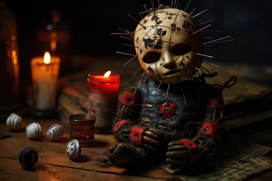Scary voodoo doll in needles, magical esoteric ritual