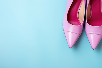 Pair of women's shoes on a blue background, flat ley. Copy space for text
