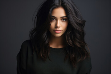 Portrait of a beautiful brunette woman with long hair on a gray background