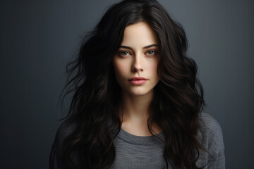 Fototapeta premium Portrait of a beautiful brunette woman with long hair on a gray background